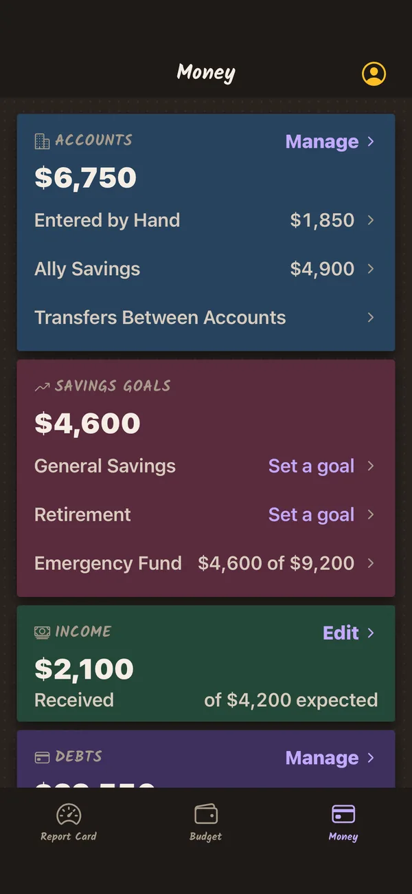 Money: accounts, savings goals, income received and debts