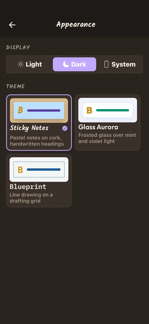 Appearance: light, dark or system, and the Sticky Notes, Glass Aurora and Blueprint styles